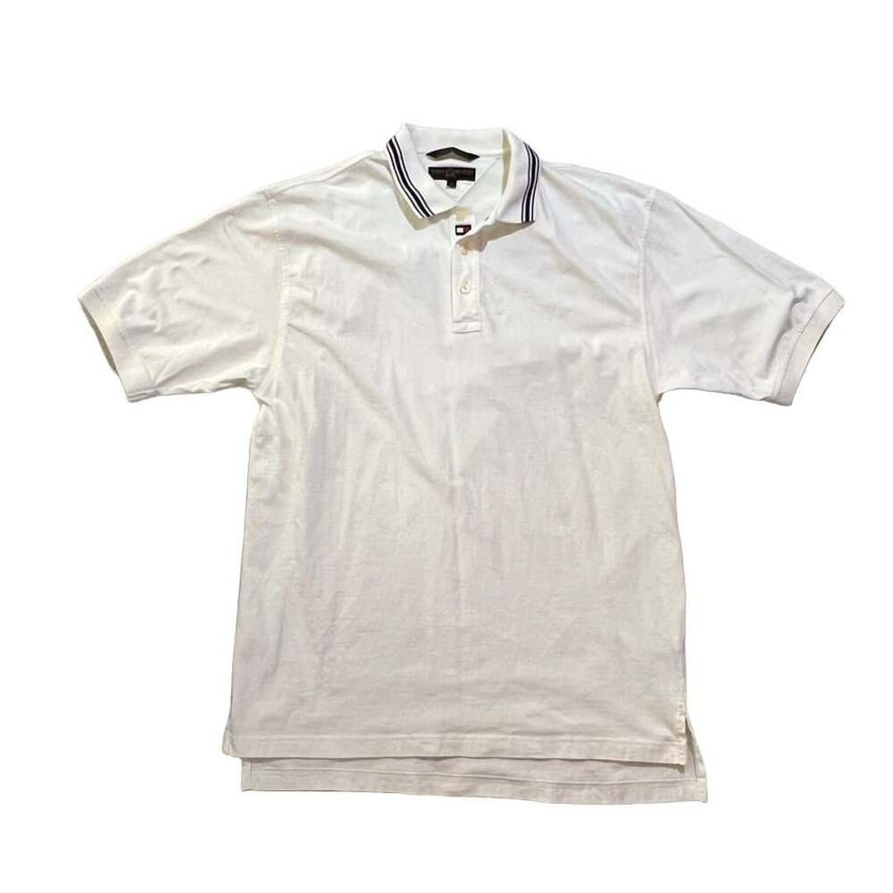 Vintage Tommy Hilfiger Golf White Polo Shirt with Striped Collar Size M